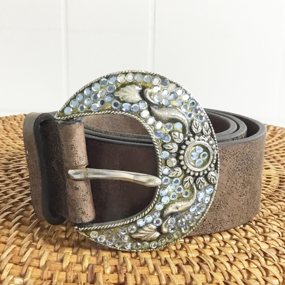 Moon Leather Brown Belt Size 38 Shimmer With Blue Stones & Silver